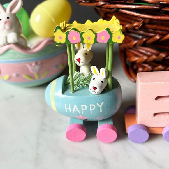 Easter Table Decor Wicker Basket - Plastic Eggs - Bunny Dishes - Wooden Letters - Picture 8 of 15